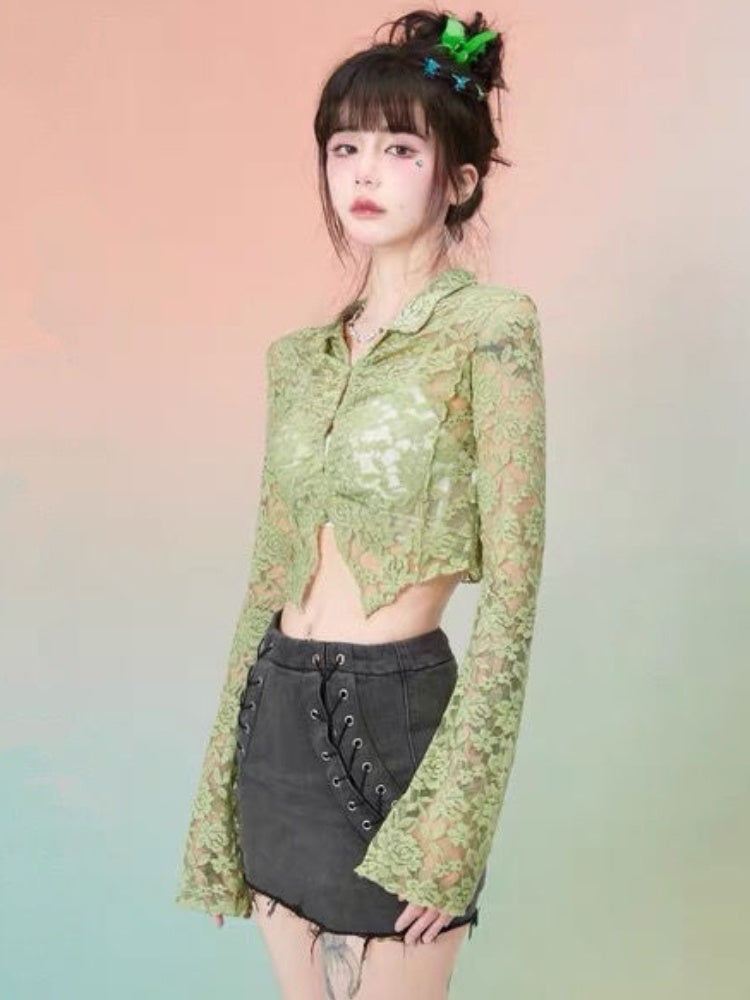 Short Long-Sleeved Shirt Top for Women – Chic Cropped Green Outfit