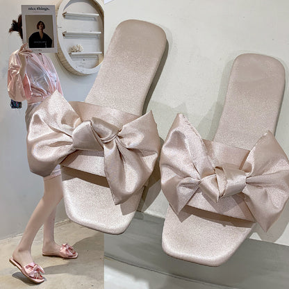 Womens Elegant Silk Bow Summer Slippers