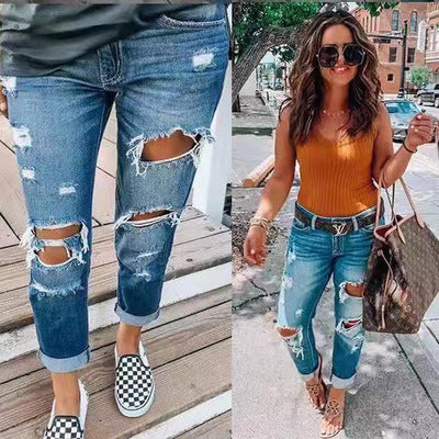 Distressed Ripped Mid-Rise Pencil Jeans – Slim Fit Denim for Women