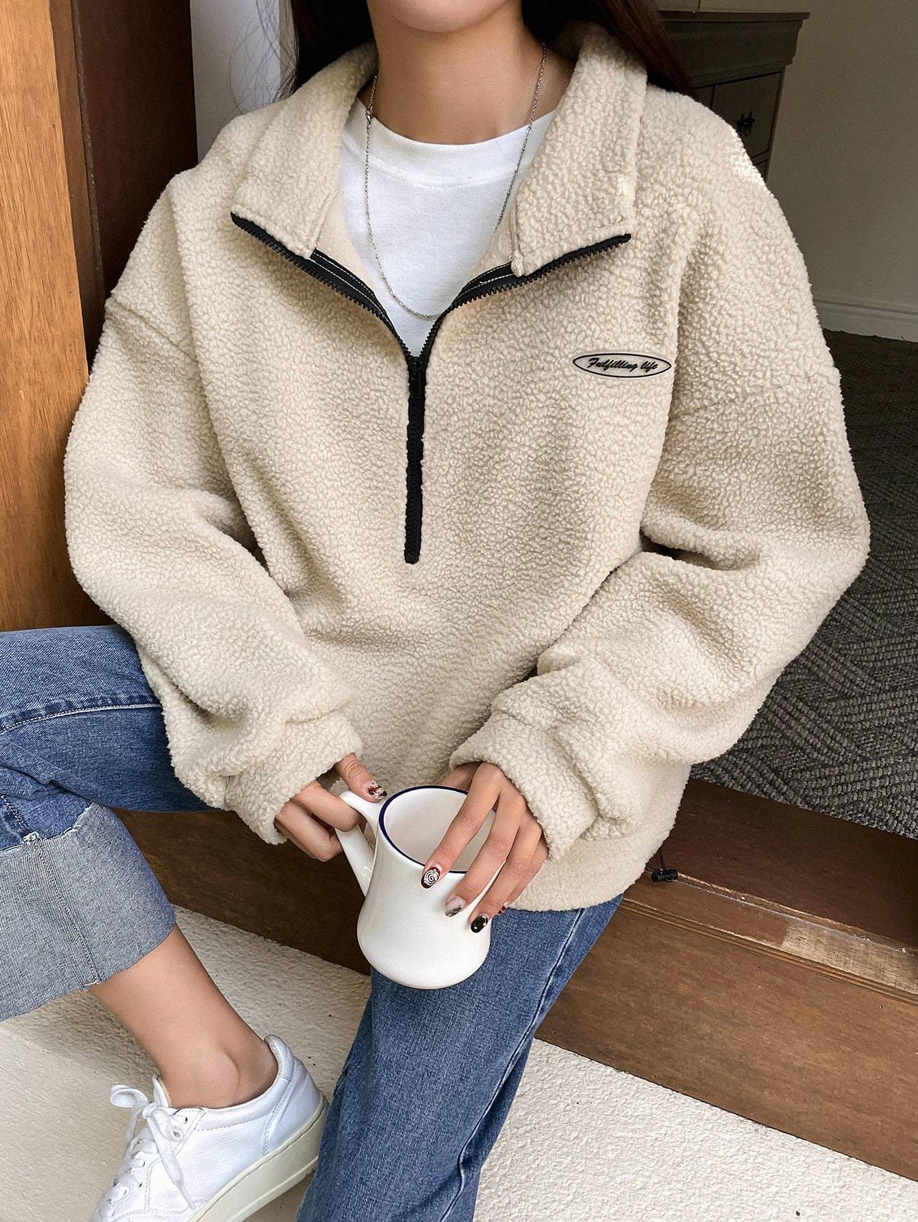 Cozy Patched Detail Half Zip Fleece Sweatshirt