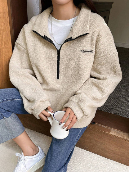 Cozy Patched Detail Half Zip Fleece Sweatshirt