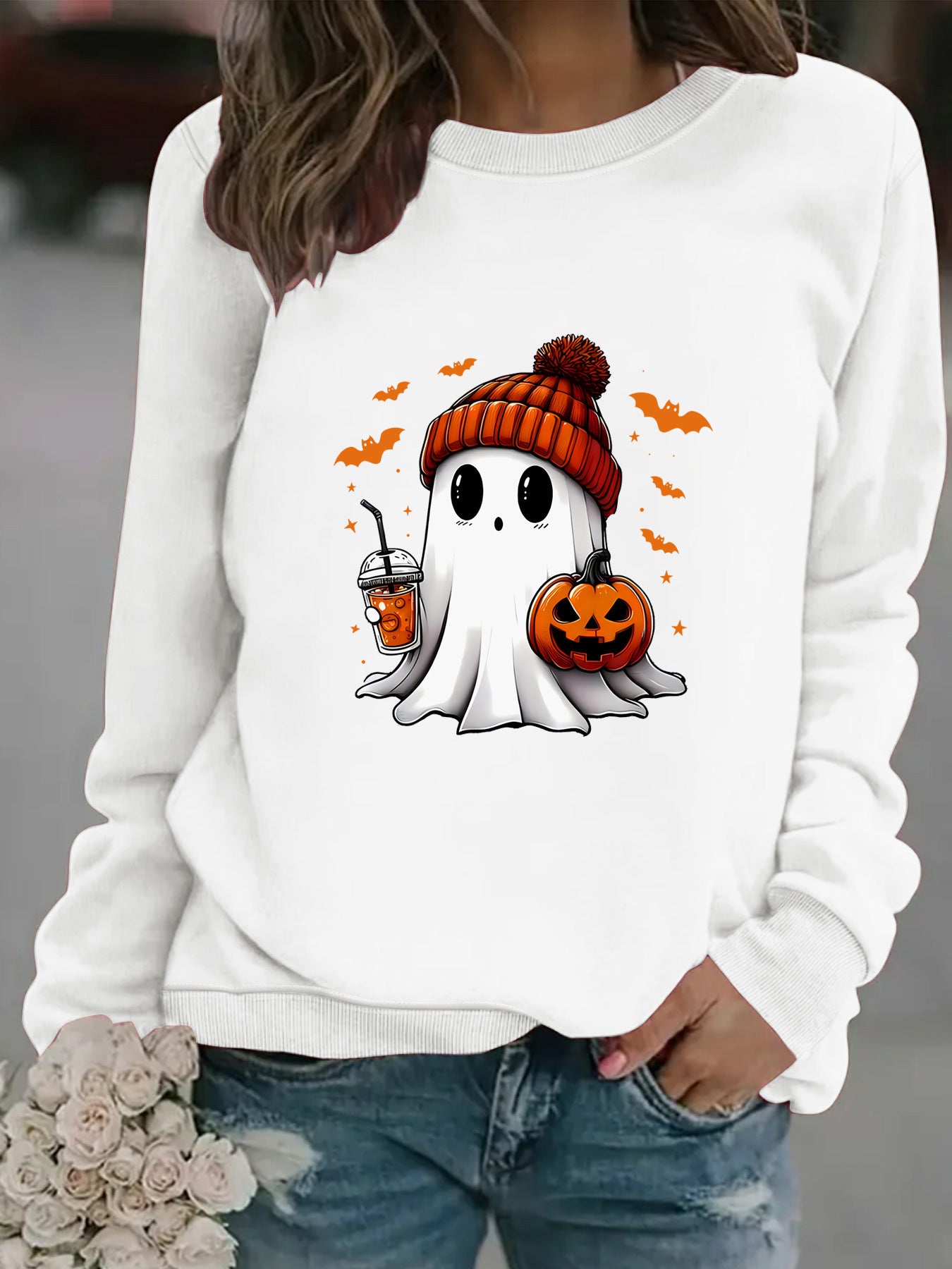 Women’s Snowman Ghost Crewneck Sweater – Holiday Graphic Pullover