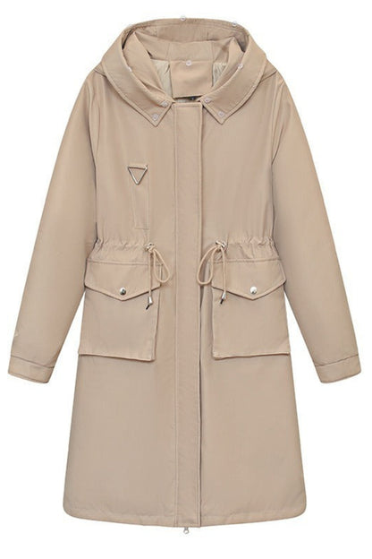 Beige hooded coat with drawstring waist on a white background