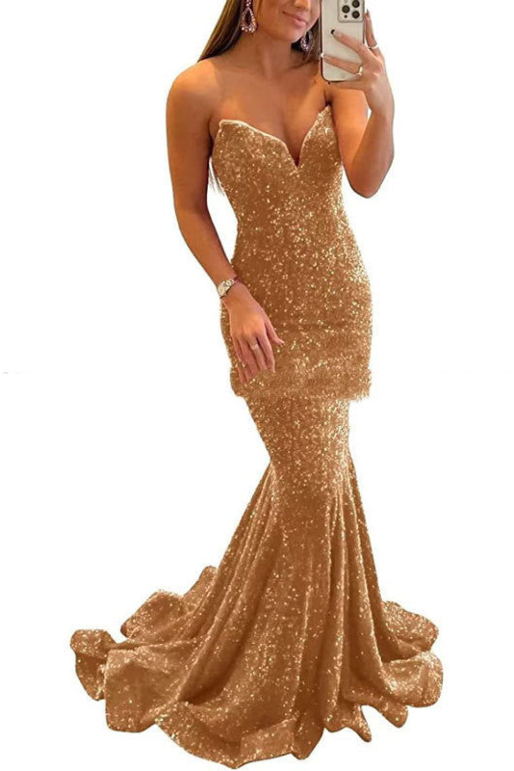Gold sequin dress worn by a person on a white background