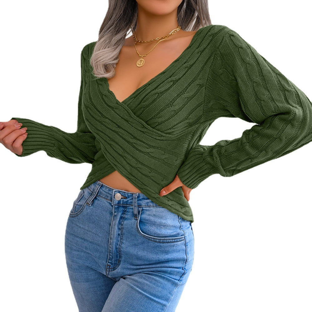Cross V-Neck Cropped Sweater for Women – Slim Fit Street Hipster Pullover