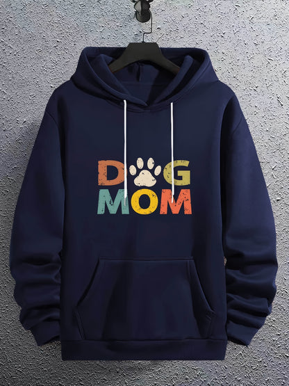 Navy blue hoodie with 'DOG MOM' text and paw print on a gray textured background