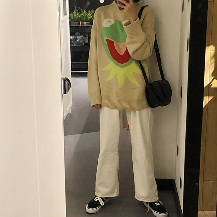 Oversized Frog Knit Crew Neck Sweater for Women – Cute Anime Pullover Aesthetic
