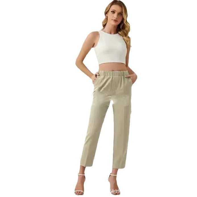 Elegant High Waisted Beige Trousers Stylish Office Fashion