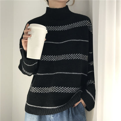 Women’s Retro Striped Turtleneck Sweater – Classic Knit Pullover