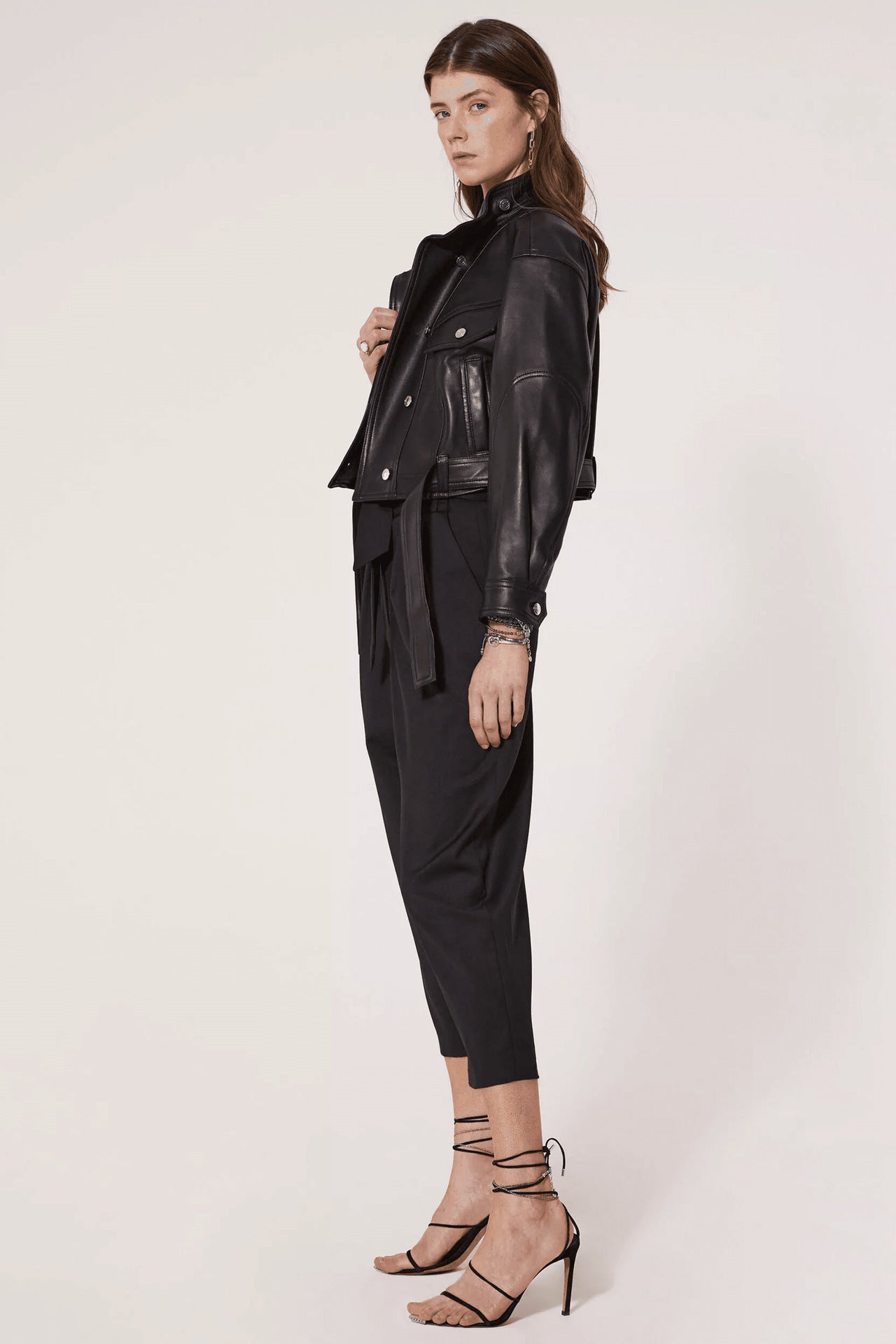 Luxury Black Style Belted Women Leather Jackets