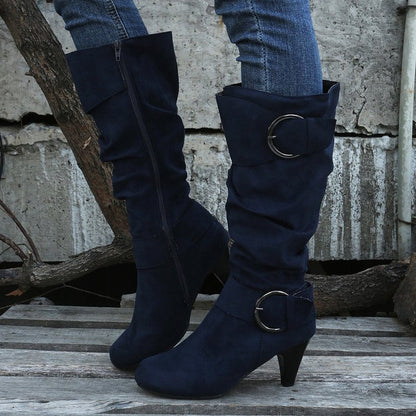 High Tube Below-the-Knee Boots for Women | British Style Suede Boots with Short Thick Heel