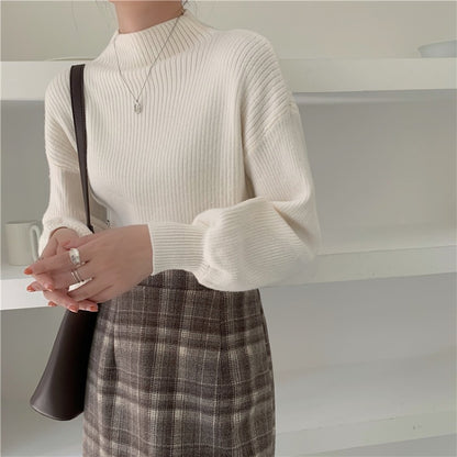 Apricot Sweet Long Sleeve Pullover for Women – Slim Fit, Bubble Sleeves, Knitted Wool Sweater