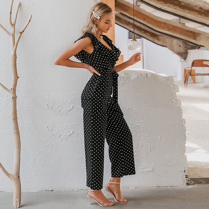 Polka Dot Ruffle Full-Length Jumpsuit for Women – Elegant High Street Summer Outfit