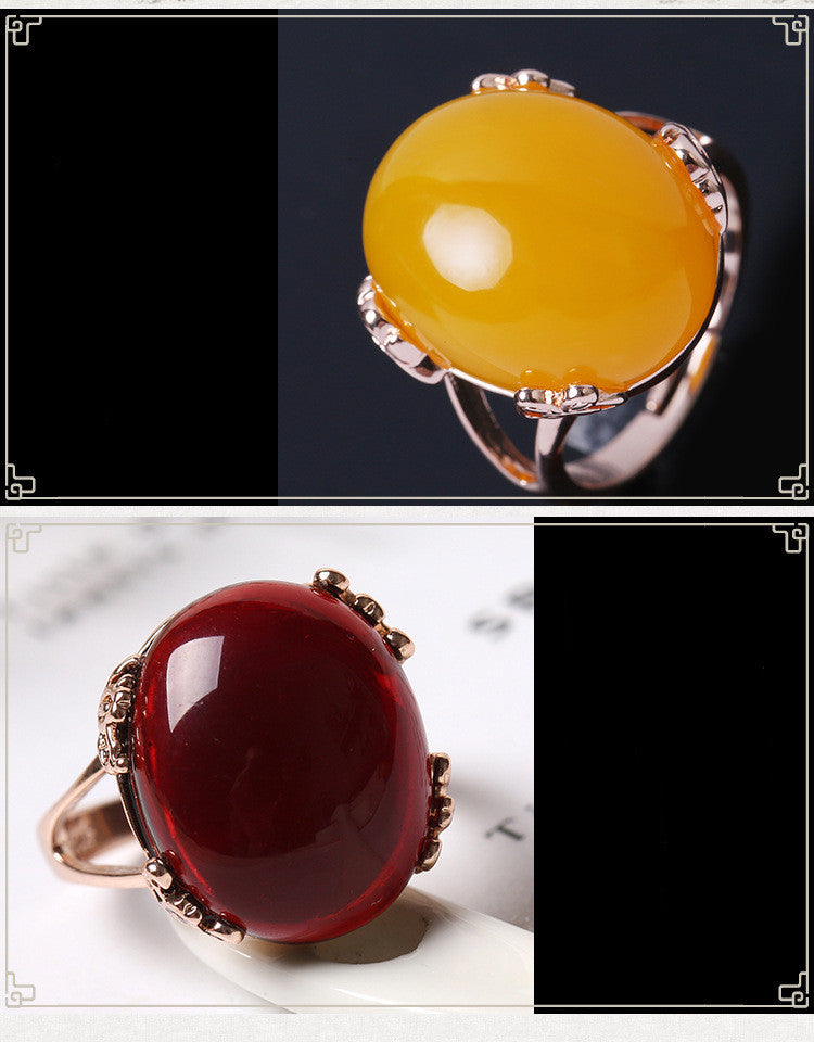 Fashion Beeswax Amber Ring – Unisex Natural Jewelry, Vintage Amber Statement Ring