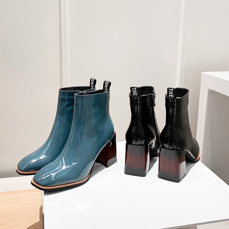 Square Heel Patent Leather Brillant Ankle Boots