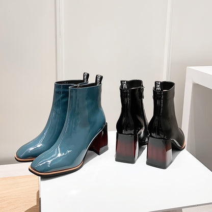 Square Heel Patent Leather Brillant Ankle Boots