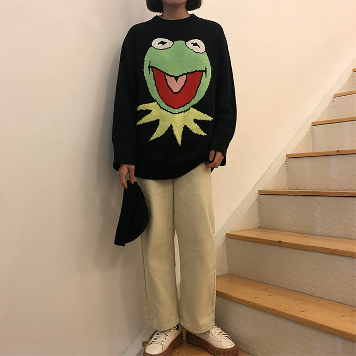 Oversized Frog Knit Crew Neck Sweater for Women – Cute Anime Pullover Aesthetic