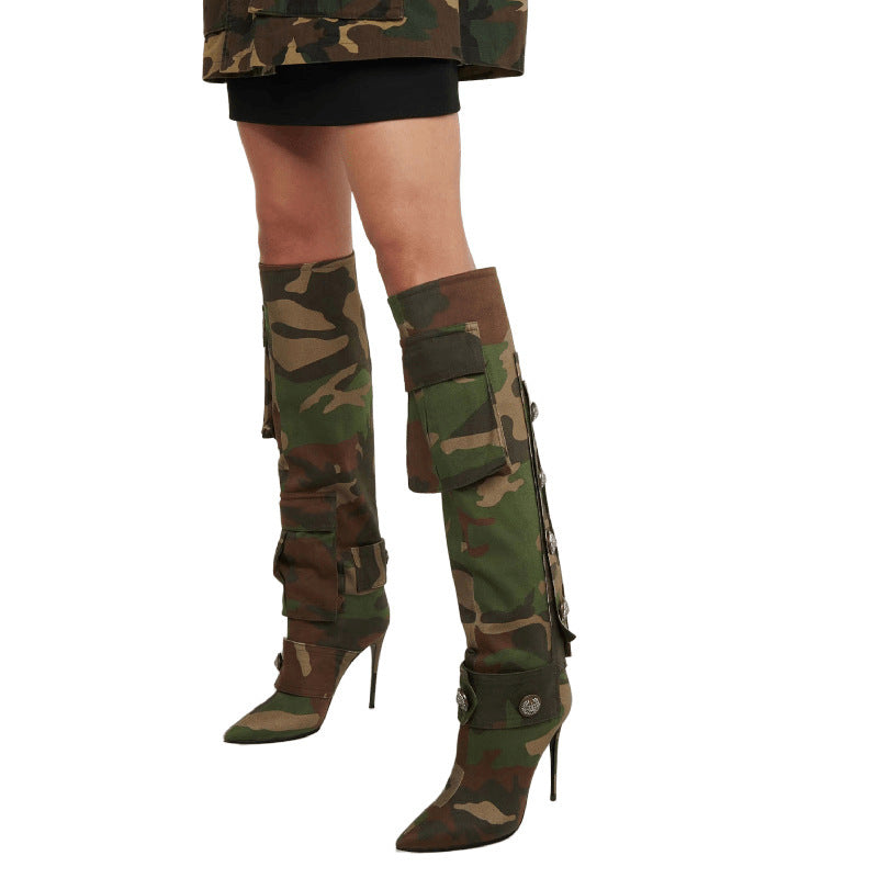 Womens Camouflage Thin High Heel Knee High Boots