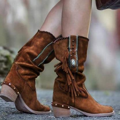 Tassel-Accented Mid Calf Boots for Women | Stylish PU Leather Mid Cylinder Boots