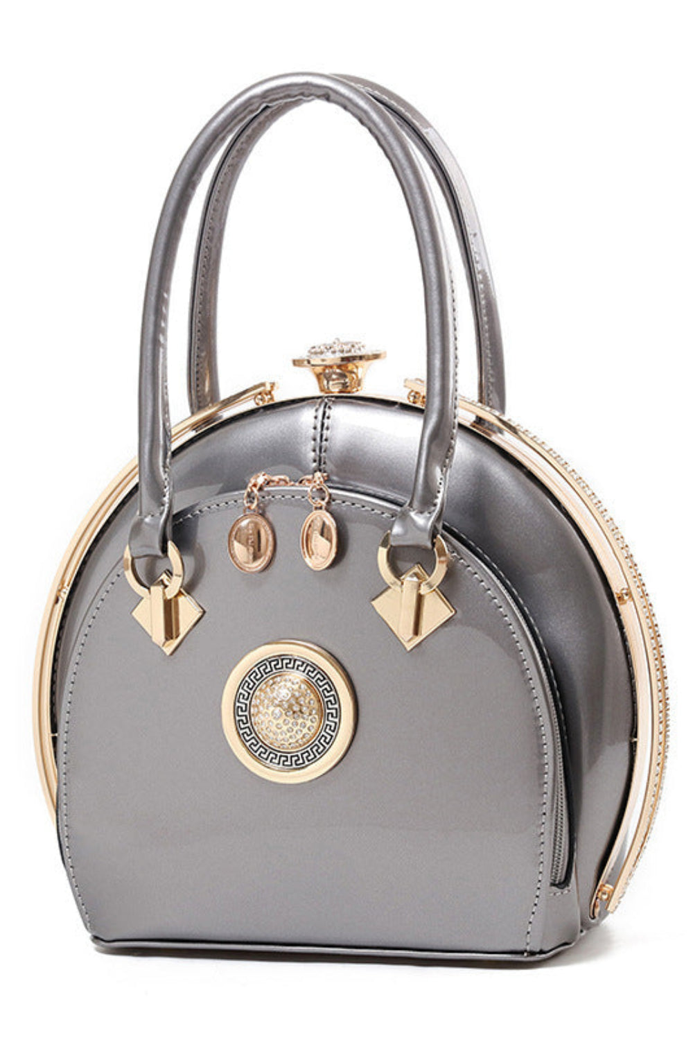 Gray handbag with gold accents on a white background