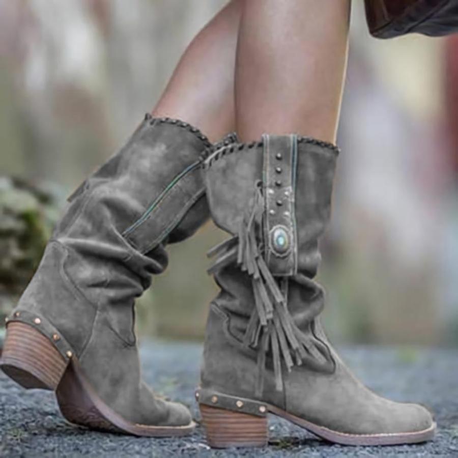 Tassel-Accented Mid Calf Boots for Women | Stylish PU Leather Mid Cylinder Boots