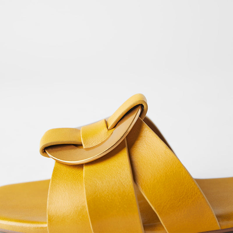 Metal Square Decor Faux Leather Summer Slipper For Women