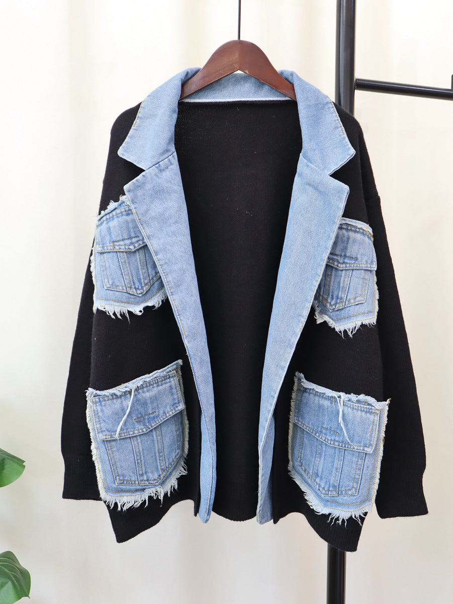 Urban Cool: Denim Stitching Knit Cardigan for Women
