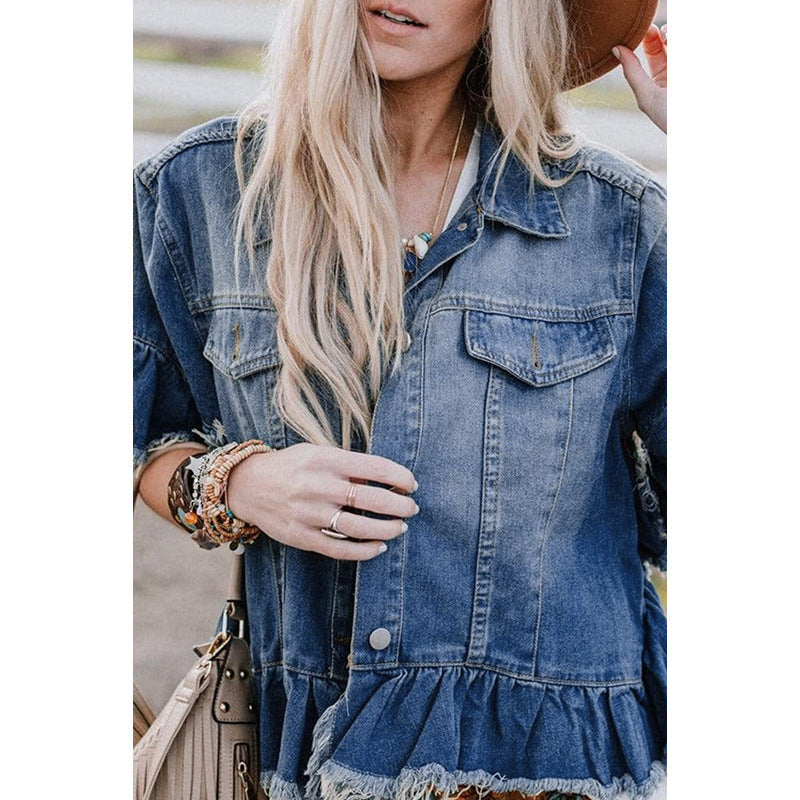 Casual Spring Autumn Blue Denim Coats
