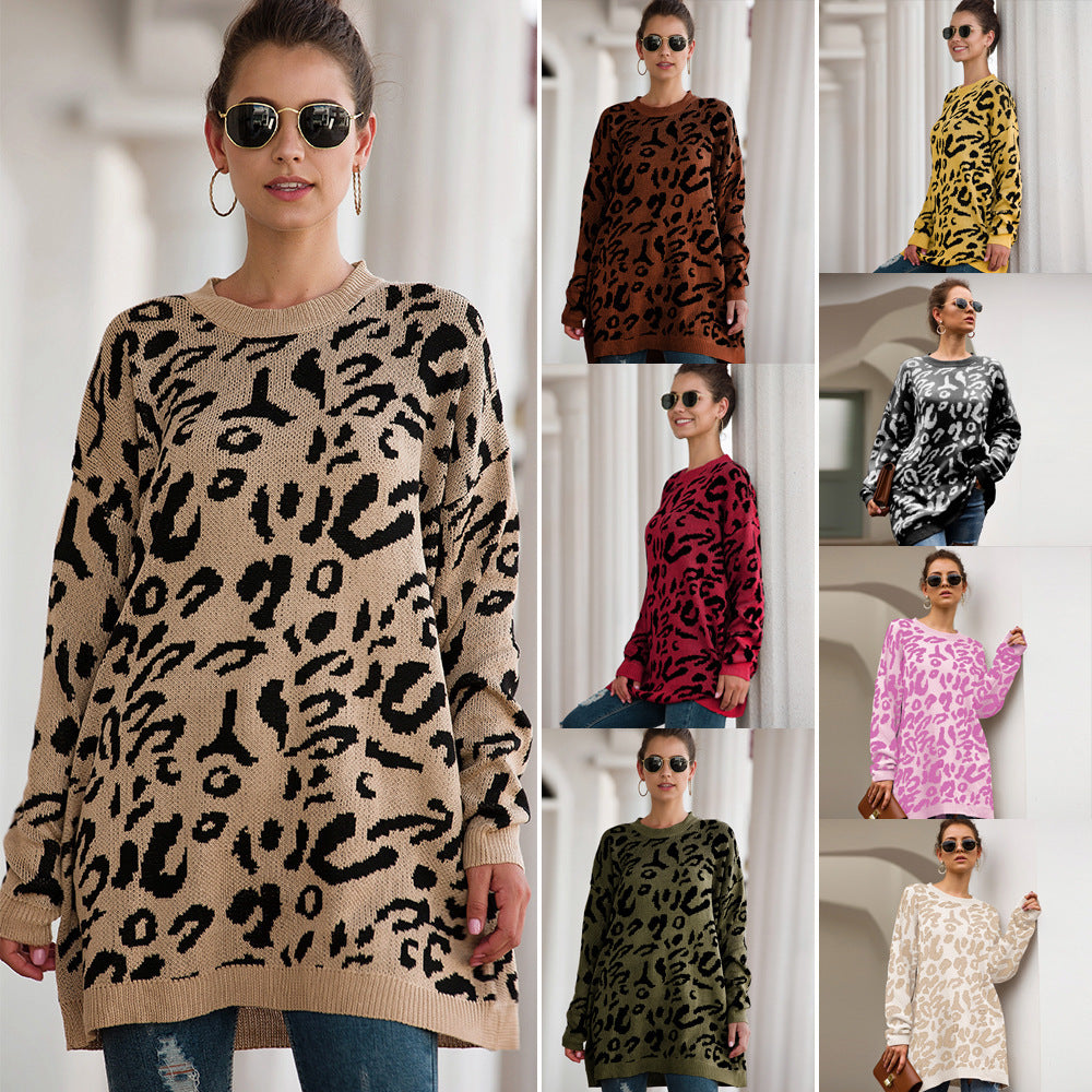 Knitted Long Sleeve Pullover Women's Loose Leopard Print Oversized Sweaters
