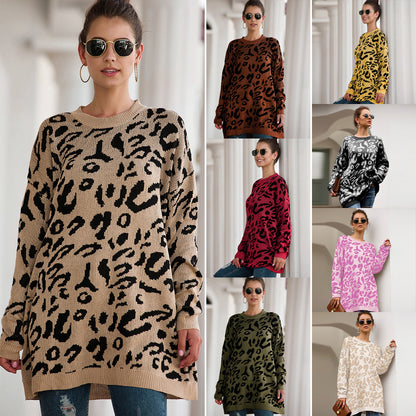 Knitted Long Sleeve Pullover Women's Loose Leopard Print Oversized Sweaters