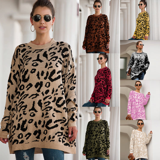 Knitted Long Sleeve Pullover Women's Loose Leopard Print Oversized Sweaters