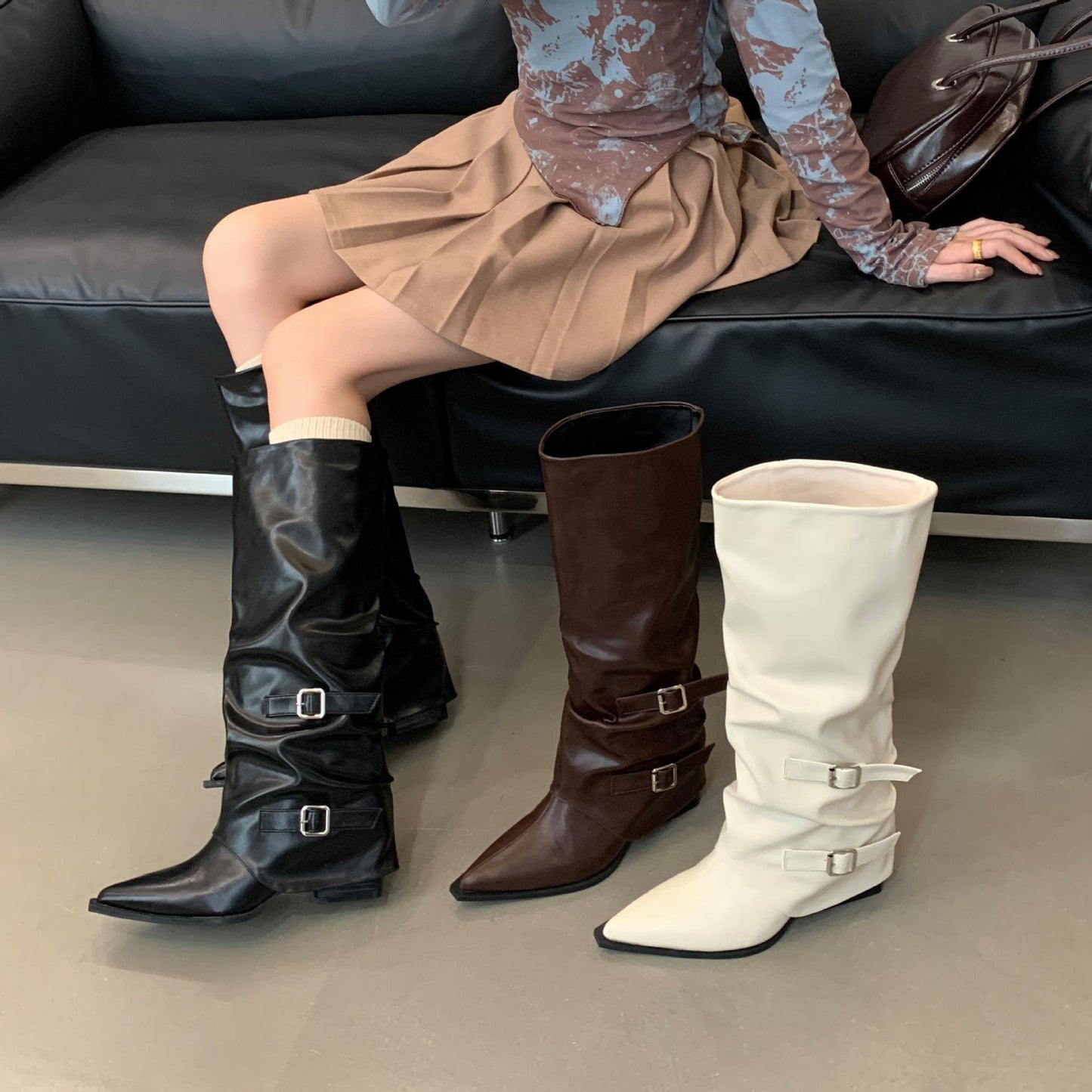 Buckle Design Square Mid Heel Women Knee High Boots
