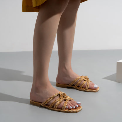 Straw Style Flat Heel Open Toe Square Braided Women Slipper