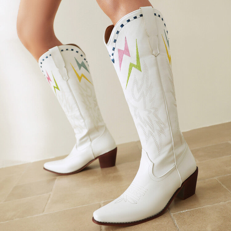 Lightning Embroidery Knee-High Boots for Women | Chunky Heel PU Leather Statement Boots