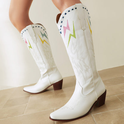 Lightning Embroidery Knee-High Boots for Women | Chunky Heel PU Leather Statement Boots