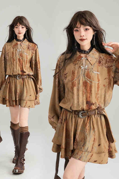 Woman wearing a brown patterned outfit with a belt and boots on a plain background