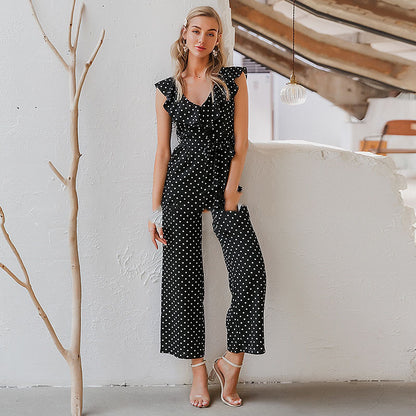 Polka Dot Ruffle Full-Length Jumpsuit for Women – Elegant High Street Summer Outfit