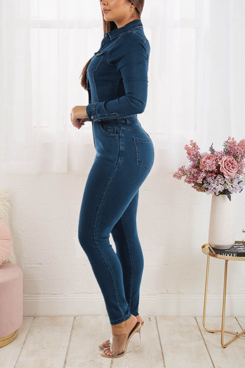 Denim Jumpsuit Long Sleeve Elegant Womens Jean Overalls