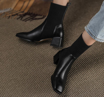 Women's Knitted Ankle Sock Boots – Elegant Chunky Heel Square Toe Booties