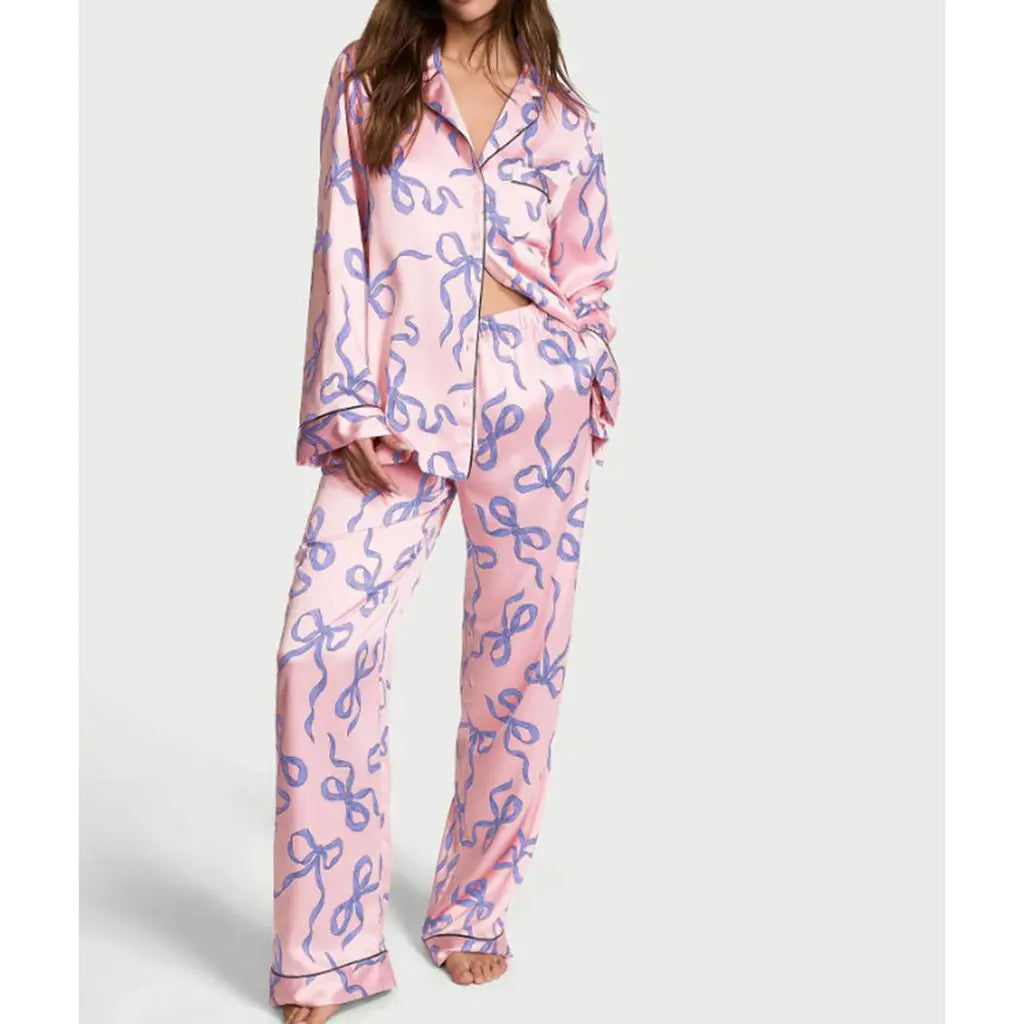 Women's Satin Pajama Set – 2-Piece Star Print Loungewear with Lapel Shirt & Elastic Waist Pants