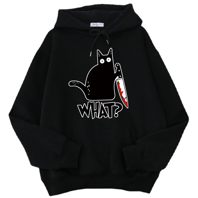 Cozy Style for Teens Killer Black Cat Patterned Wool-Lined Hoodies