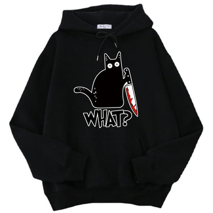 Cozy Style for Teens Killer Black Cat Patterned Wool-Lined Hoodies