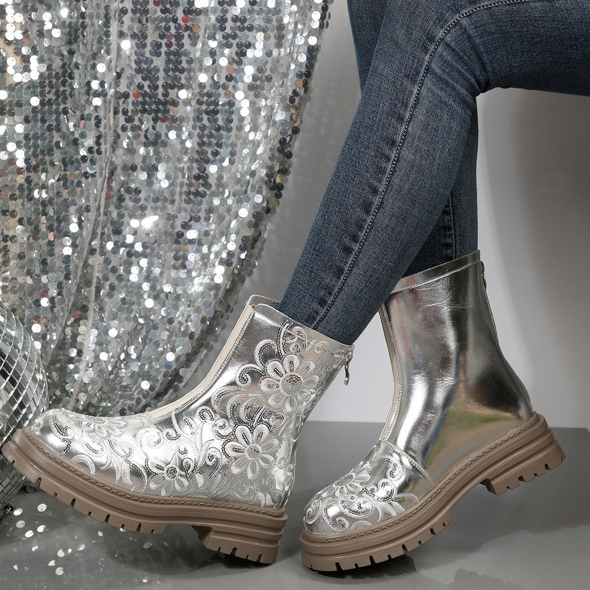 Elegant Embroidered PU Boots for Women | Low Chunky Heel Winter Boots Outfit