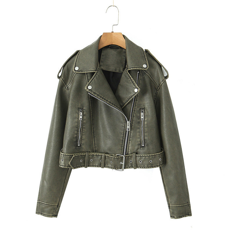 New Spring Autumn Fashion Womens Casual Belted Faux Leather Jackets