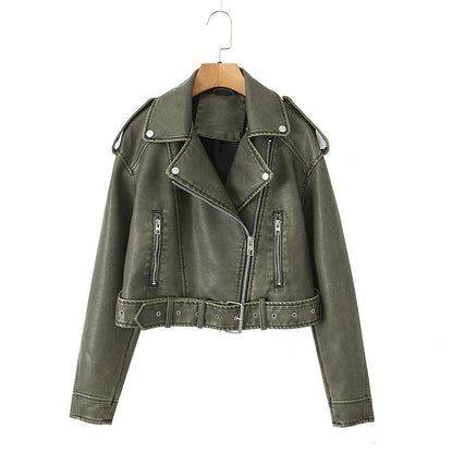New Spring Autumn Fashion Womens Casual Belted Faux Leather Jackets