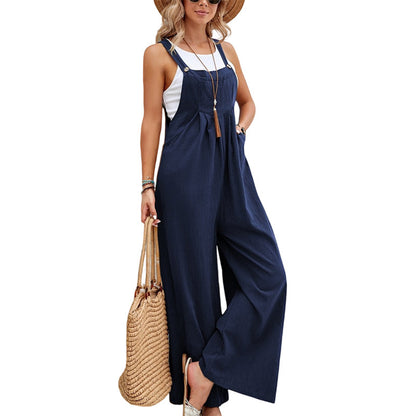 Loose-Fit Cotton Bib Overalls for Women – Casual Straight-Leg Romper Outfit