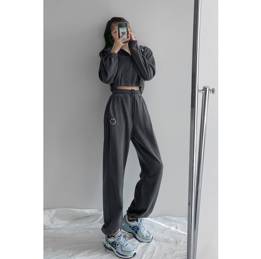 High-Waisted Cotton Streetwear Pants – Smiley Face Embroidered Casual Trousers