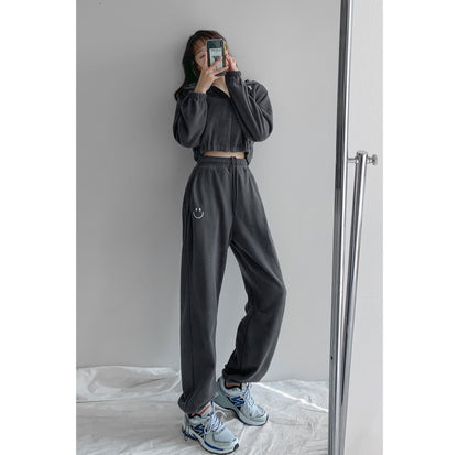 High-Waisted Cotton Streetwear Pants – Smiley Face Embroidered Casual Trousers