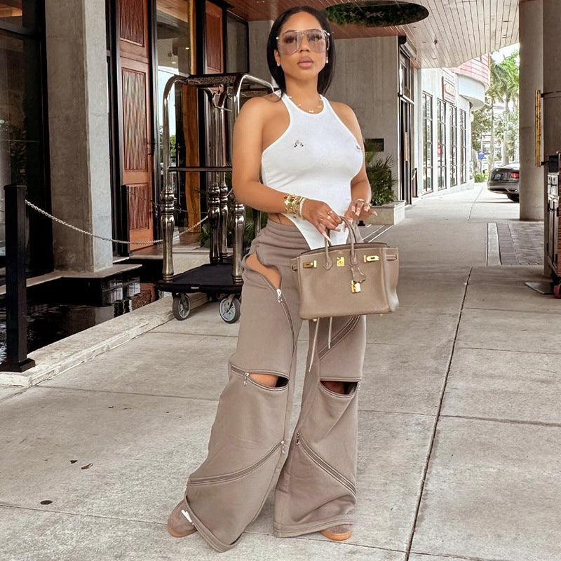 Fashionable Multi-Zipper Pocket Loose Trousers – Mid-Waist Wide-Leg Streetwear Pants