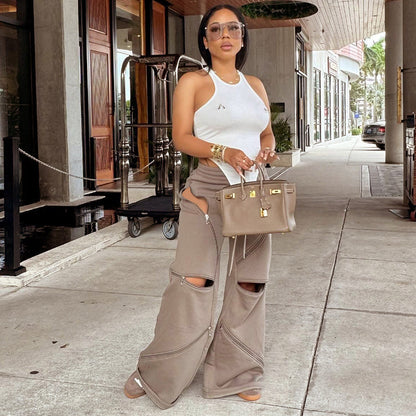 Fashionable Multi-Zipper Pocket Loose Trousers – Mid-Waist Wide-Leg Streetwear Pants